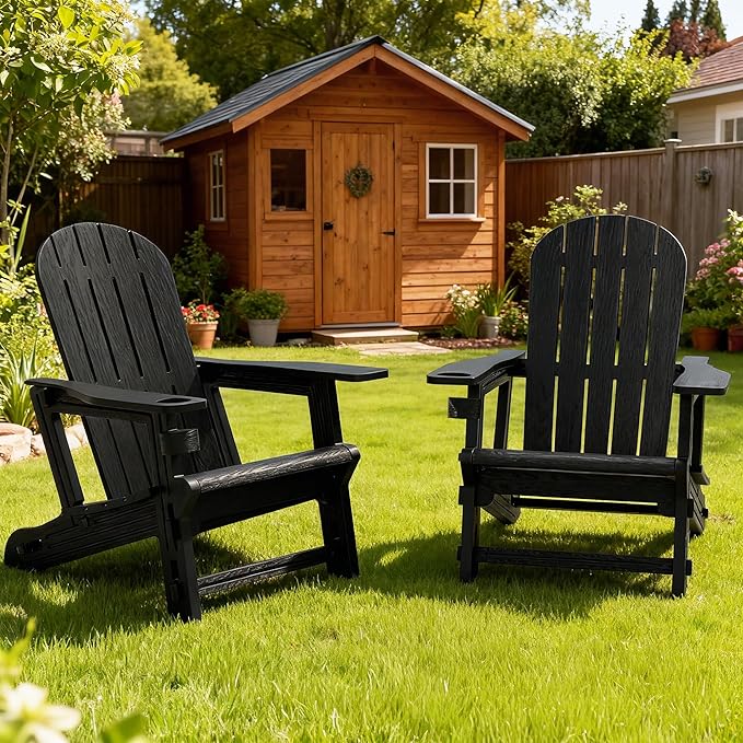 Vongrasig Adirondack Chairs Set of 2 with Removable Tabletop, All-Weather HDPE Outdoor Chair Set with Wooden Textured, Cup Holder for Patio, Poolside, Deck, Garden, Black
