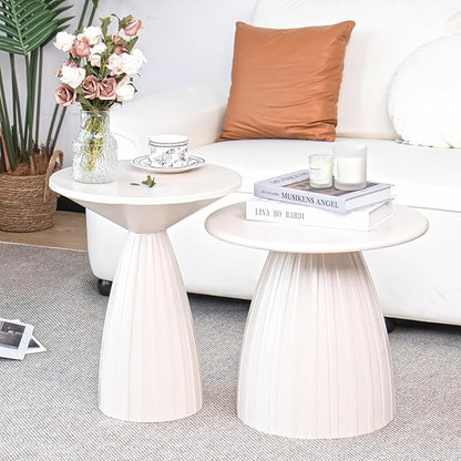 Round Small Patio Side Table Set of 2, Metal Steel Outdoor Side Table, Patio Accent End Table for Garden, Pool, Deck, Balcony, Yard, Living Room, White, Weather Resistant, No Assembly