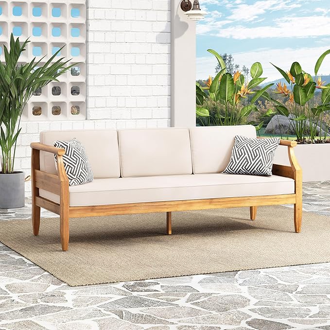 Christopher Knight Home Aston Outdoor 3 Seater Sofa, Upholstered Cushion Couch, Acacia Wood Bench Sofa, Slat Armchair - Photo 1