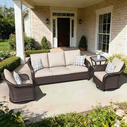 4 PCS Patio Conversation Set | 78" Couch, 2 Swivel Chairs, 1 Side Table， Outdoor Wicker Conversation Furniture with Removable Cushions for Bistro, Deck, Sunroom(Beige)
