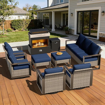 8 Pieces Metal Wicker Patio Furniture Set - 75" Sofa, Four Swivel Chairs and Two Ottomans, One Fireplace All Weather Rattan Outdoor Conversation Furniture with Washable Cushion for Deck, Dark Blue