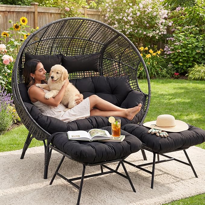 NICESOUL Luxury Double Egg Chair with Footrest & Cushions, Two Person Wicker Eggshell Chair Large with Ottoman - Photo 4