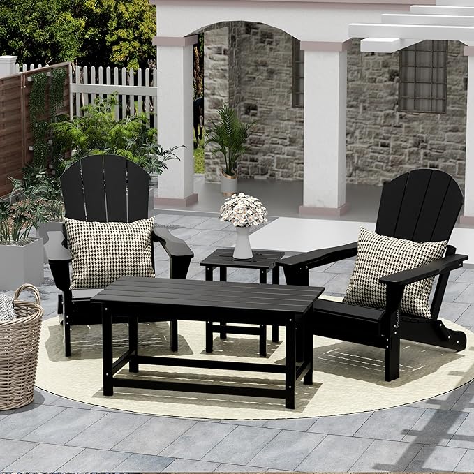 Costaelm 4-Piece Set Outdoor/Patio Poly Adirondack Chairs with a Coffee and a Side Table (2 Seater), Black