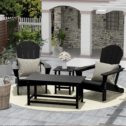 Costaelm 4-Piece Set Outdoor/Patio Poly Adirondack Chairs with a Coffee and a Side Table (2 Seater), Black