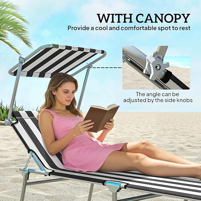 Outsunny Outdoor Lounge Chair, Adjustable Folding Chaise Lounge, Tanning Chair with Sun Shade for Beach, Camping, Hiking, Backyard, Black and White