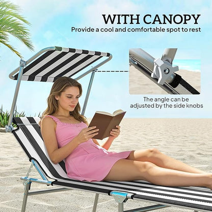 Outsunny Outdoor Lounge Chair, Adjustable Folding Chaise Lounge, Tanning Chair with Sun Shade for Beach, Camping, Hiking, Backyard, Black and White