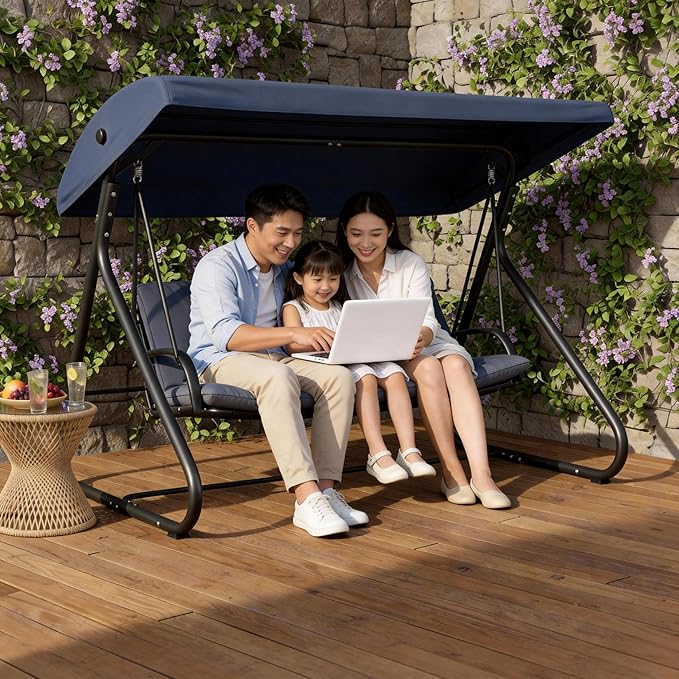 3-Seat Outdoor Convertible Swing Glider with Adjustable Canopy, 2-in-1 Bench to Flat Bed, Removable Cushions - Photo 1