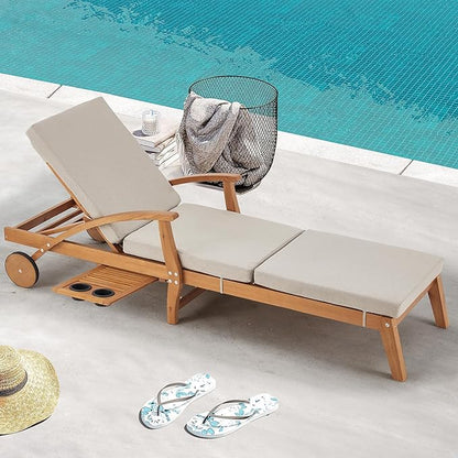 HOMREST Wood Chaise Lounge Recliner, 83x23in Patio Chaise Lounger Recliner with Slide-Out Side Table & Cup Holder, Foam-Padded Cushion, Adjustable Backrest, Wheels (Beige)