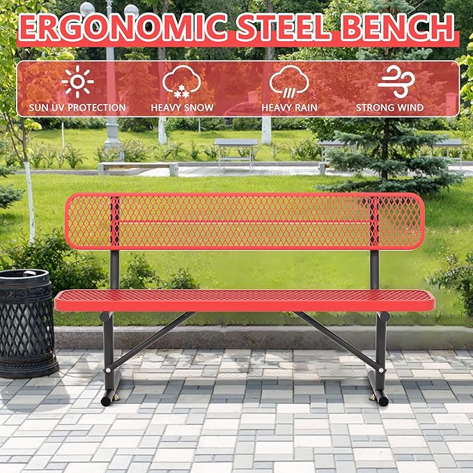 72" Metal Park Benches for Outside - Red Outdoor Benches Heavy Duty Garden Weatherproof Bench with Backrest, Buddy Bench for Schools,Commercial Benches for Shopping Mall, Store, Yard, Patio