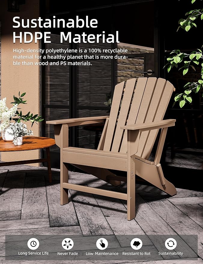 Folding Adirondack Chair - Durable HDPE Poly Lumber All-Weather Resistant, Foldable Oversized Balcony Porch Patio Outdoor Chair for Lawn, Backyard, Garden, Camping - Easy Installation, Pale Ocre
