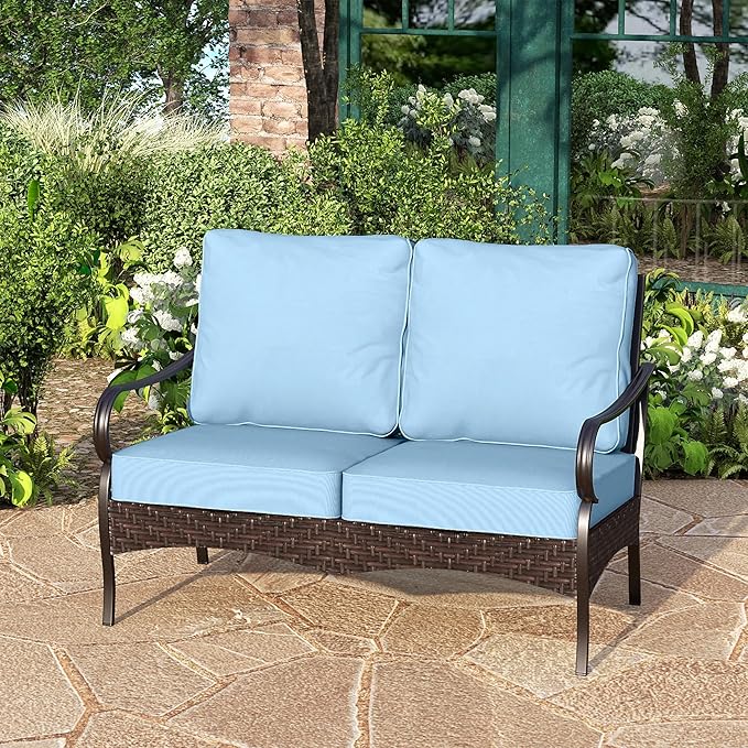 PHI VILLA Wicker & Metal Outdoor 2-Seat Patio Couch, Patio Sofa Loveseat with Deep Seating for Front Porch, Deck - Photo 1