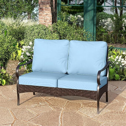 PHI VILLA Wicker & Metal Outdoor 2-Seat Patio Couch,Patio Sofa Loveseat with Deep Seating for Front Porch, Deck, Balcony, Backyard, Sunroom,Blue