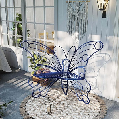 Navy Blue Cute Butterfly Benches for Outdoors, Pretty Garden Bench & 50" Metal Outside Bench, Front Porch Benches Outdoor with Sturdy Frame for Lawn Yard Balcony (Navy Blue)