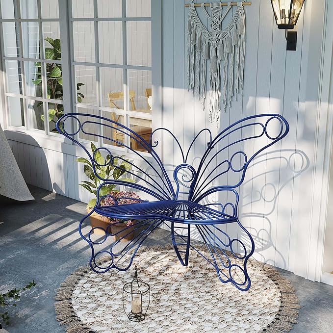 Pink Butterfly Benches Outdoors, Pretty Garden Bench & Cute Metal Outside Bench, Front Porch Benches Outdoor with Sturdy Frame for Lawn Yard Balcony (Navy Blue)