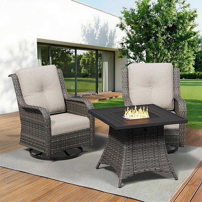 3 Pieces Outdoor Wicker Patio Furniture Set with Fire Pit Table, Swivel Rocker Patio Chairs Set with Thickened Cushions - Photo 9