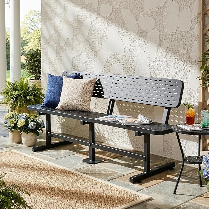 YITAHOME 6ft Carbon Steel Park Bench with Back, Thermoplastic Coated Metal Outdoor Seating, Commercial Garden Patio Porch Bench, Weatherproof Portable Frame, Black, 573 Lbs Cap