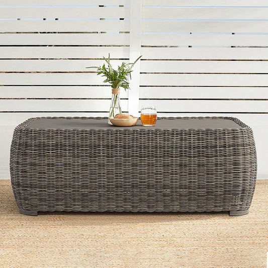 CHITA Wicker Patio Coffee Table, 41” All-Weather Rattan Outdoor Coffee Table with Wood-Grain Metal Top, Waterproof for Porch Backyard, Fully Assembled, Grey