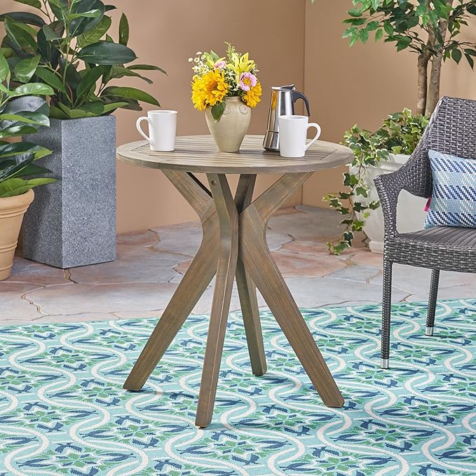Merax Outdoor Coffee Table 27.5" Round Acacia Wood Patio Side Table, X-Shaped Base Support, Slat Tabletop Design, Grey