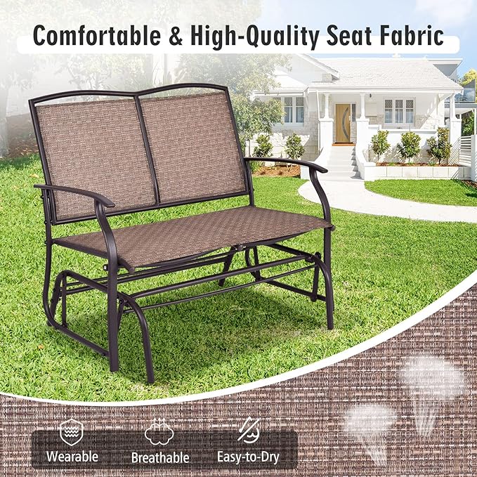 Byroce 2-Person Patio Outdoor Glider Bench, Double Swing Loveseat Rocker with Heavy Duty Metal Frame, 400 LBS, Rocking Chair for Backyard, Balcony, Garden, Poolside, Deck, Front Porch (Brown)