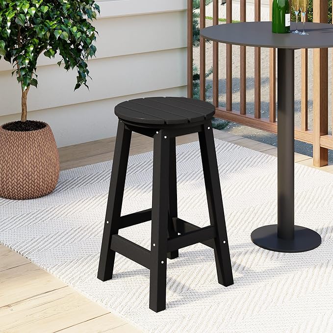 Costaelm 24" Height Outdoor Bar Stools, All-Weather Bar Stools, Adirondack Poly Patio Round Bar Stool for Patio, Deck, Kitchen Counter and Garden, Black