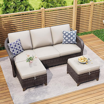 3 Pieces Patio sectional Sofa Set, Outdoor Conversation Furniture Set, 78" 3-Seat Couch with 2 Ottomans, 47" Metal Coffee Table, Rattan Wicker Sofa with Washable Cushions (Beige)