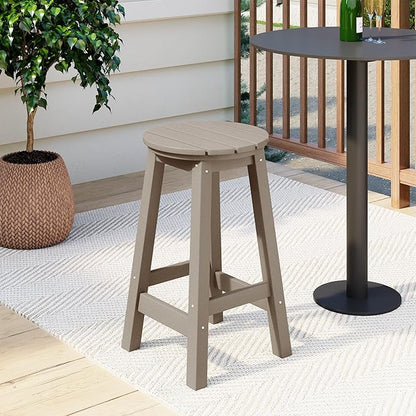 Costaelm 24" Height Outdoor Bar Stools, All-Weather Bar Stools, Adirondack Poly Patio Round Bar Stool for Patio, Deck, Kitchen Counter and Garden, Weathered Wood