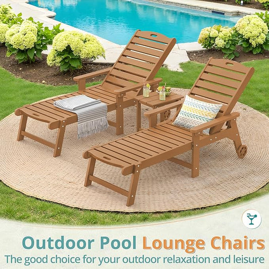 LUE BONA Lounge Chair Outdoor, HDPS Chaise Lounge Outdoor with Wheels, 5 Positions Adjustable Pool Lounger Chairs for Outside, Patio, Teak Color