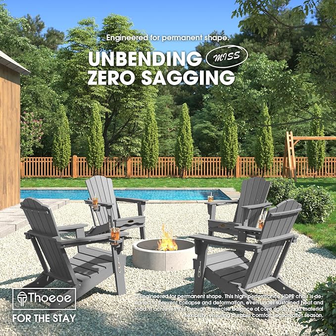 Folding Adirondack Chair, HDPE All-Weather Outdoor Chair with Cup Holder, Wooden Textured, Fire Pit Chair - Photo 2