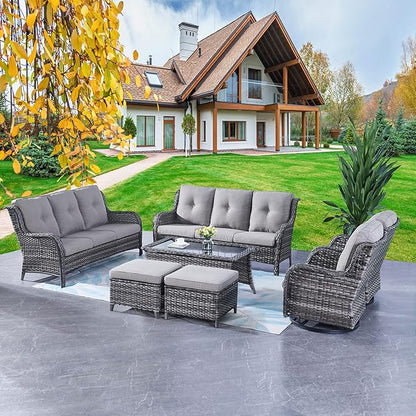 Rilyson Wicker Patio Furniture Set - 7 PC Rattan Outdoor Sectional Conversation Sets with 2 Rocking Swivel Chairs,2 Ottomans,2 Sofa and 1 Coffee Table for Porch Deck Garden(Mixed Grey/Grey)