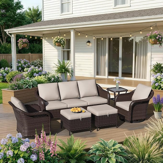6 Piece Patio Wicker Conversation Set, All-Weather Use Outdoor Wicker Sofa with 2 PE Rattan Ottomans,2 Swivel Chair, 1 Side Table, Ideal for Porch, Backyard, Balcony, Poolside, Beige