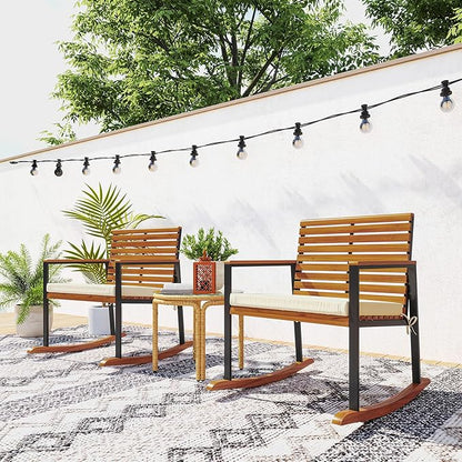 Outsunny Outdoor Rocking Chair Set of 2, Acacia Wood Outdoor Rockers with Armrests, Cushion, Patio Wooden Rocking Chair Set for Garden, Balcony, Porch, 353 lbs. Capacity, Cream White