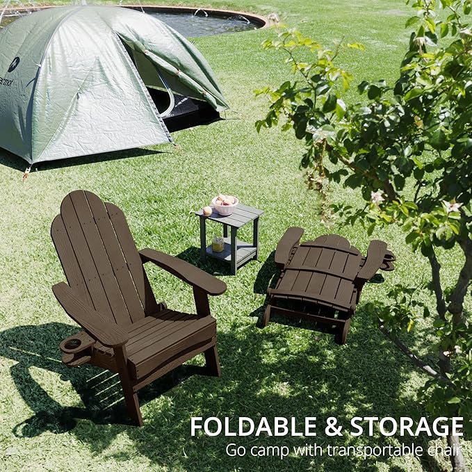 LUE BONA Folding Adirondack Chair Set of 5, HDPS Weather Resistant Patio Chair, 350lbs Heavy Duty, One-Step Folding for Balcony Garden, Wood Grain Texture, Outdoor Fire Pit Seating, Dark Brown