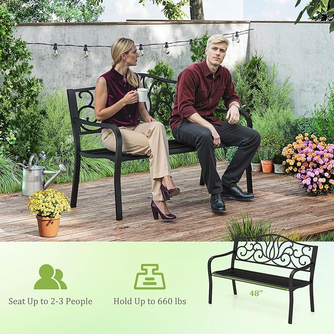 Tangkula 50 Inches Outdoor Garden Park Bench, Cast Iron Metal Front Porch Loveseat with Floral Design Backrest and Slatted Seat, Patio Bench with Armrests for Outside, Yard and Lawn, Black