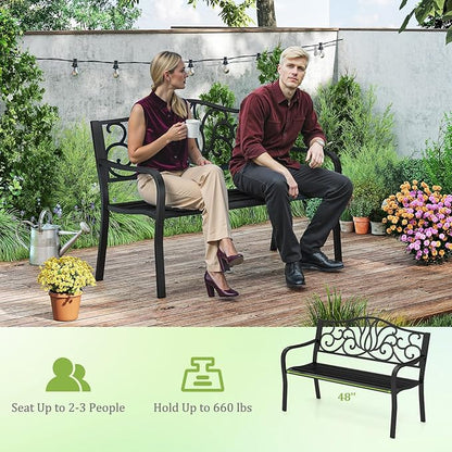 Tangkula 50 Inches Outdoor Garden Park Bench, Cast Iron Metal Front Porch Loveseat with Floral Design Backrest and Slatted Seat, Patio Bench with Armrests for Outside, Yard and Lawn, Black