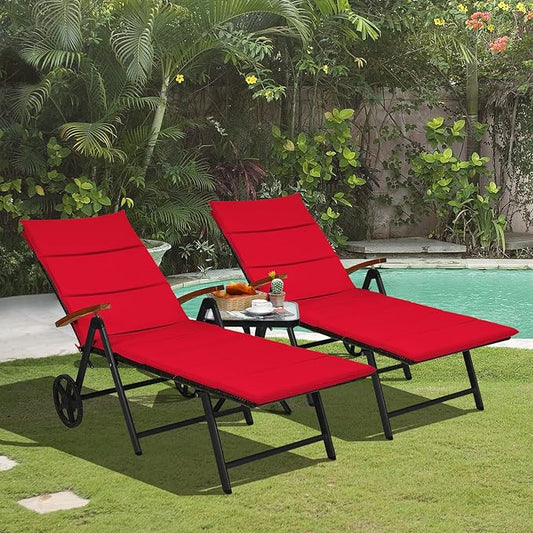 Tangkula Foldable Outdoor Chaise Lounger, Wicker Lounger Chair with Aluminum Black Frame, Wheels for Easy Moving, 7-Position Adjustable Cushioned Rattan Chaise for Poolside, Garden, Balcony and Patio