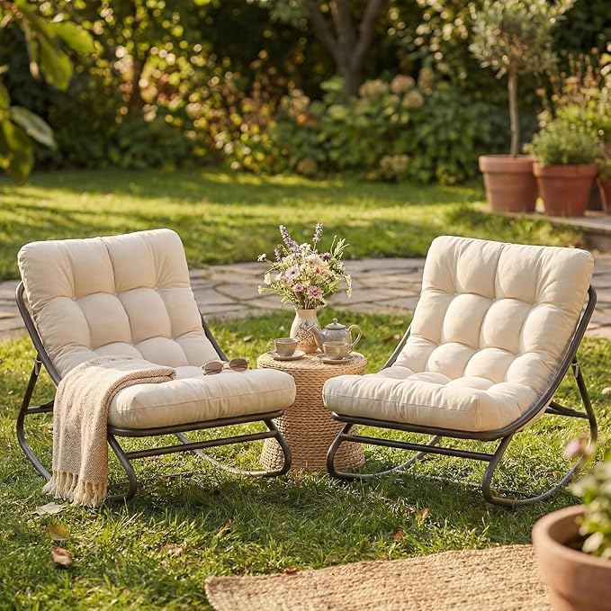 GarveeLife Rocking Papasan Chair 2 PCS, Outdoor Rocker Chair with Thick Waterproof Cushion, 300lbs Heavy Duty Metal Patio Rocking Chair for Garden, Porch, Nursery, Silla Mecedora para Adulto-Beige