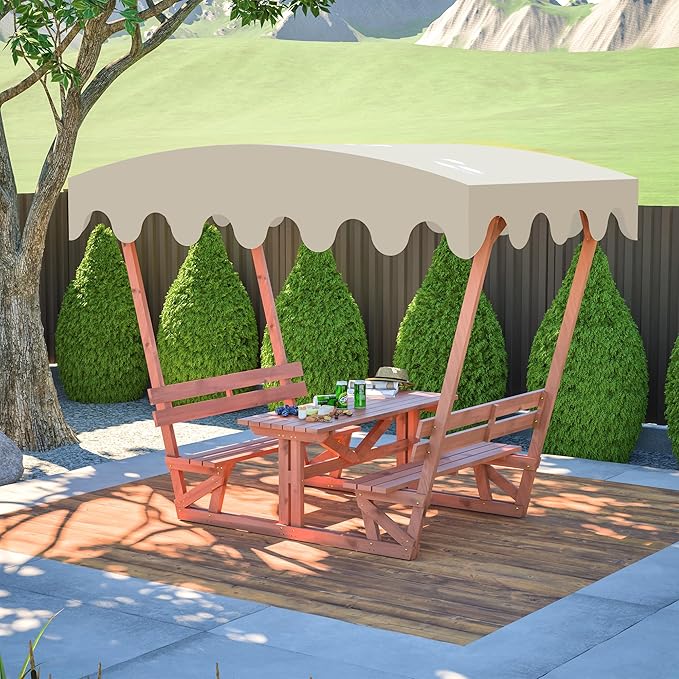 Wooden Picnic Table,Outdoor Wooden Dining Rectangle Table w/Umbrella Hole,for Patio,Garden,Backyard - Photo 7