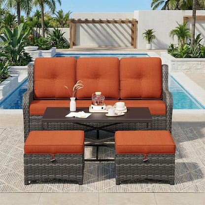 4-Piece Outdoor Couch Set, Includes Wicker Patio Sofa with Thickened Olefin Cushions, High Back and Deep Seating, Hand-Woven PE Rattan and 2 Ottomans, 1 Coffee Table for Porch, Deck