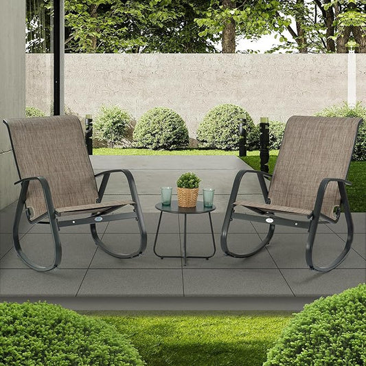 Kozyard Outdoor Patio Rocking Sling Chair, Powder Coated Aluminum Frame, Weather Resistant and Breathable Mesh Fabric for Patio, Porch, Yard, Garden (Beige, 2Chairs + Table)