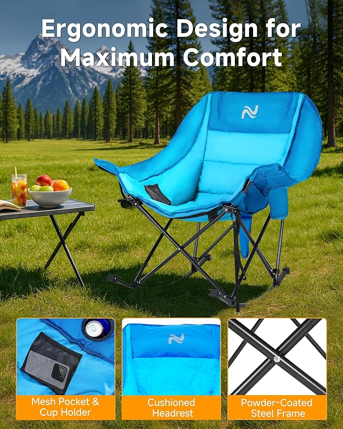 Slsy Oversized Heated Rocking Camping Chair for Adults, 400 lbs Heavy Duty Padded Recliner with Side Pocket, Cup Holder & Carry Bag, Foldable Outdoor Lawn Chair for Patio, Backyard, or Camp