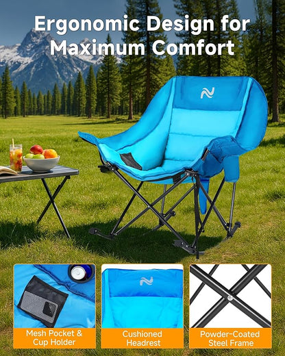 Slsy Oversized Heated Rocking Camping Chair for Adults, 400 lbs Heavy Duty Padded Recliner with Side Pocket, Cup Holder & Carry Bag, Foldable Outdoor Lawn Chair for Patio, Backyard, or Camp