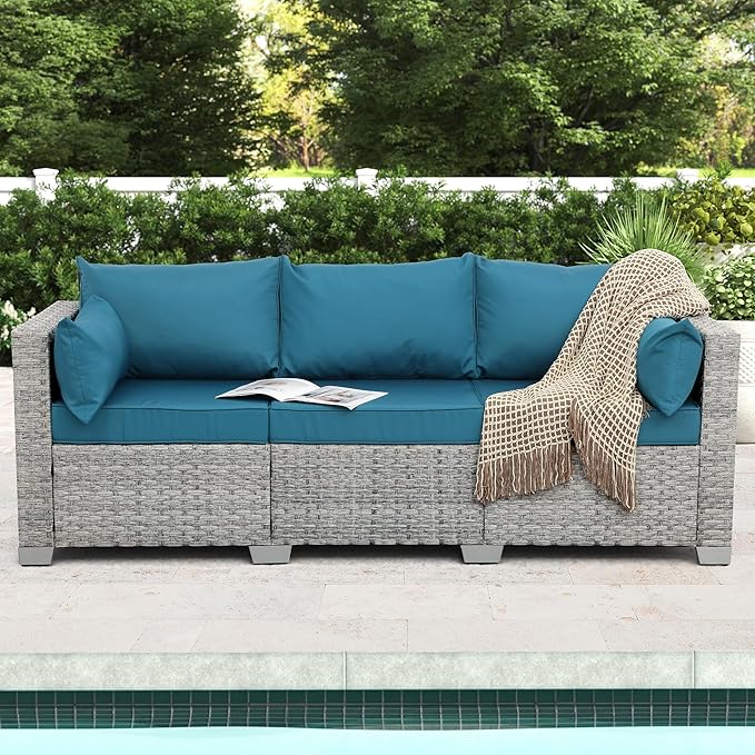 WAROOM Outdoor Couch 3 Seater Wicker Patio Sofa Grey Rattan Balcony Furniture Deep Seat Porch Seating - Photo 1