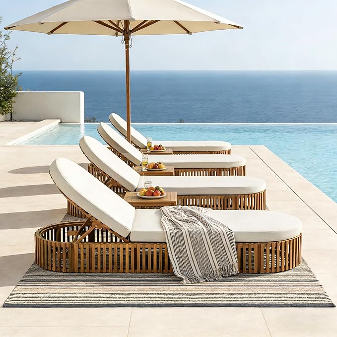 Merax Acacia Wood Chaise Lounge Set of 4 with Curved Cushion, Outdoor Sun Lounger for Patio, Poolside and Garden, Teak Finish Wood Recliner, 80.8" L, Supports 300 lbs, Cream