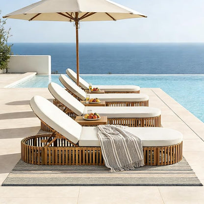 Merax Acacia Wood Chaise Lounge Set of 4 with Curved Cushion, Outdoor Sun Lounger for Patio, Poolside and Garden, Teak Finish Wood Recliner, 80.8" L, Supports 300 lbs, Cream