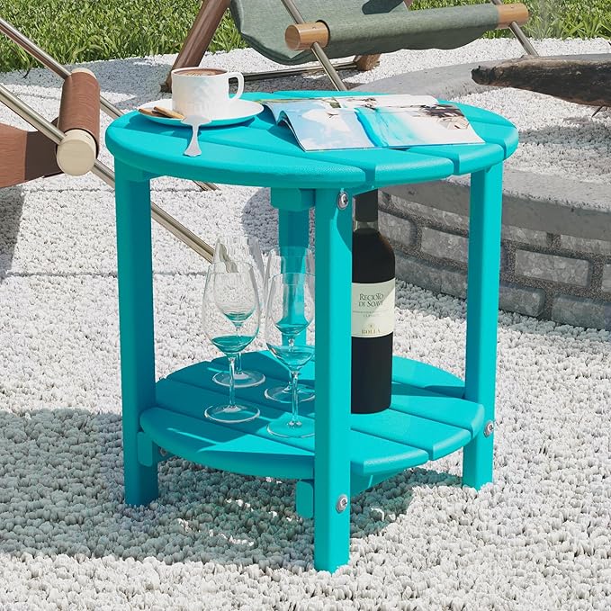 Sundale Outdoor 18" Round Small Side Table, Patio Adirondack End Table, 2 Tier Outside Table for Pool, Garden, Beach, Turquoise