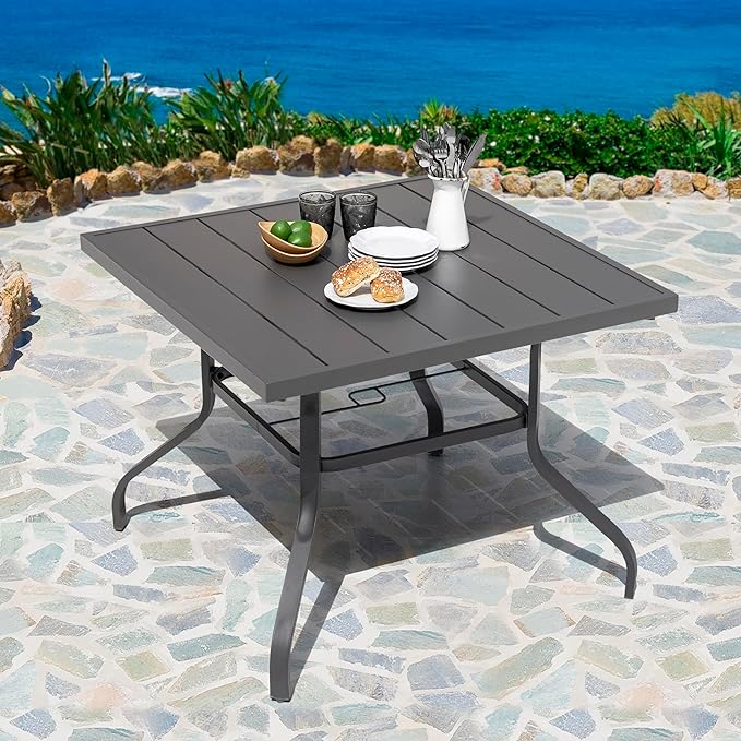 NUU GARDEN 37" Outdoor Patio Table, Square Steel Slat Dining Table for 4 with 1.57" Umbrella Hole, Powder-Coated Iron Frame and Slatted Top for Patio, Garden and Balcony, Gray