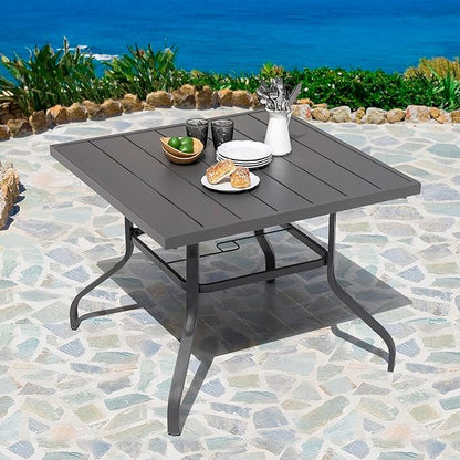 NUU GARDEN 37" Outdoor Patio Table, Square Steel Slat Dining Table for 4 with 1.57" Umbrella Hole, Powder-Coated Iron Frame and Slatted Top for Patio, Garden and Balcony, Gray