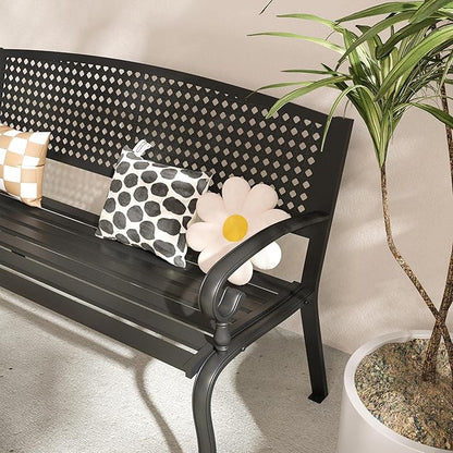 VICLLAX 50” Outdoor Garden Bench with Armrests and Backrest, Waterproof Patio Metal Bench for Park, Porch, Backyard, Square Pattern Back