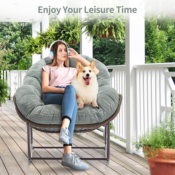 HOMEFUN Outdoor Patio Rocking Chairs Set of 2, Oversized Papasan Rock Chair Indoor with Striped Velvet Padded Cushion - Rocker Egg Seat for Front Porch, Garden, Patio, Backyard Green