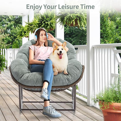 HOMEFUN Outdoor Patio Rocking Chairs Set of 2, Oversized Papasan Rock Chair Indoor with Striped Velvet Padded Cushion - Rocker Egg Seat for Front Porch, Garden, Patio, Backyard Green